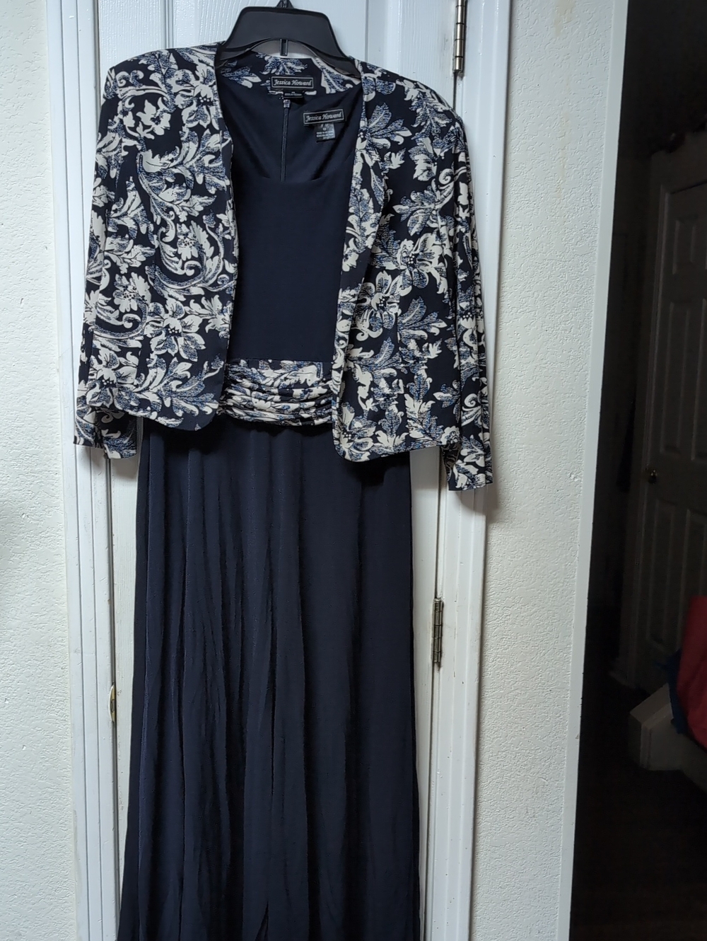 Jessica Howard Navy Maxi Dress with Cream Floral Cropped Jacket